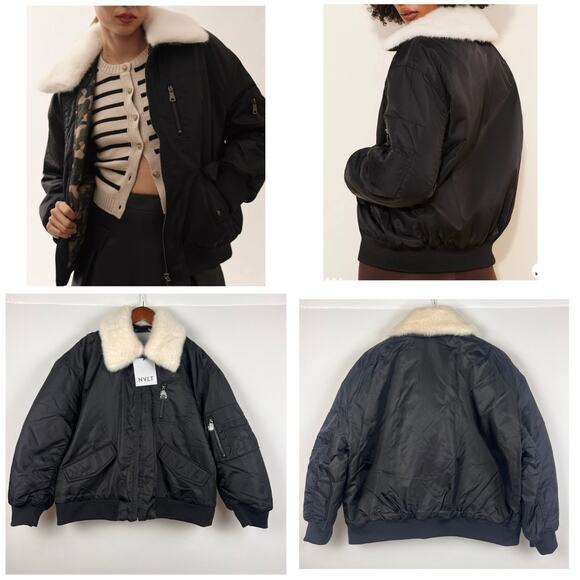 NVLT x Anthropologie Faux Fur Collar Bomber Jacket L Black Aviator Camo lined - Picture 7 of 10